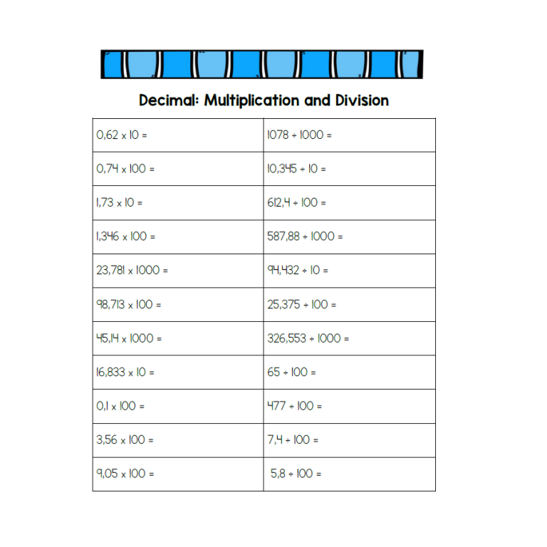 Decimal Multiplication And Division Worksheet Grade 6